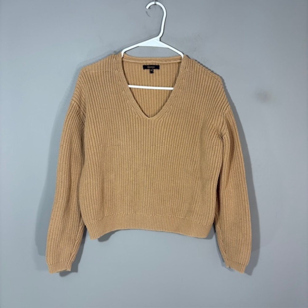 Quince Sweater Womens XS Beige Organic Cotton V Neck Fisherman Pullover Knit